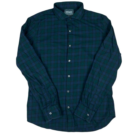 Bonobos Flannel Plaid Shirt Mens Medium Slim Fit Blue Green Outdoors 100% Cotton - Picture 2 of 10